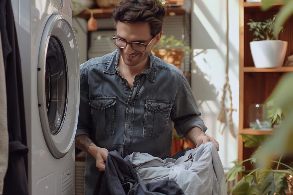 A man wearing glasses takes laundry out of a front-loading washing machine in a room with plants and wooden shelves.