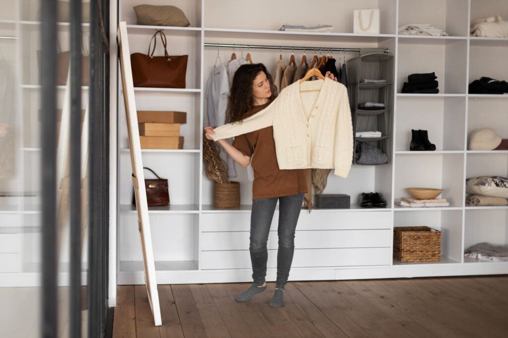 A woman stands in front of an open closet, holding up a cream-colored cardigan and examining it.
